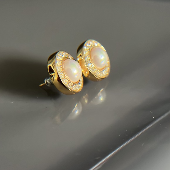 Vintage Faux Pearl Rhinestone Post Earrings - Picture 3 of 10